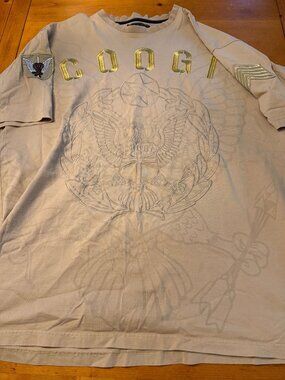 Coogi T-Shirt Men's 3XL Tan Beige Gold Lettering Embroidered Patches 100% Cotton
